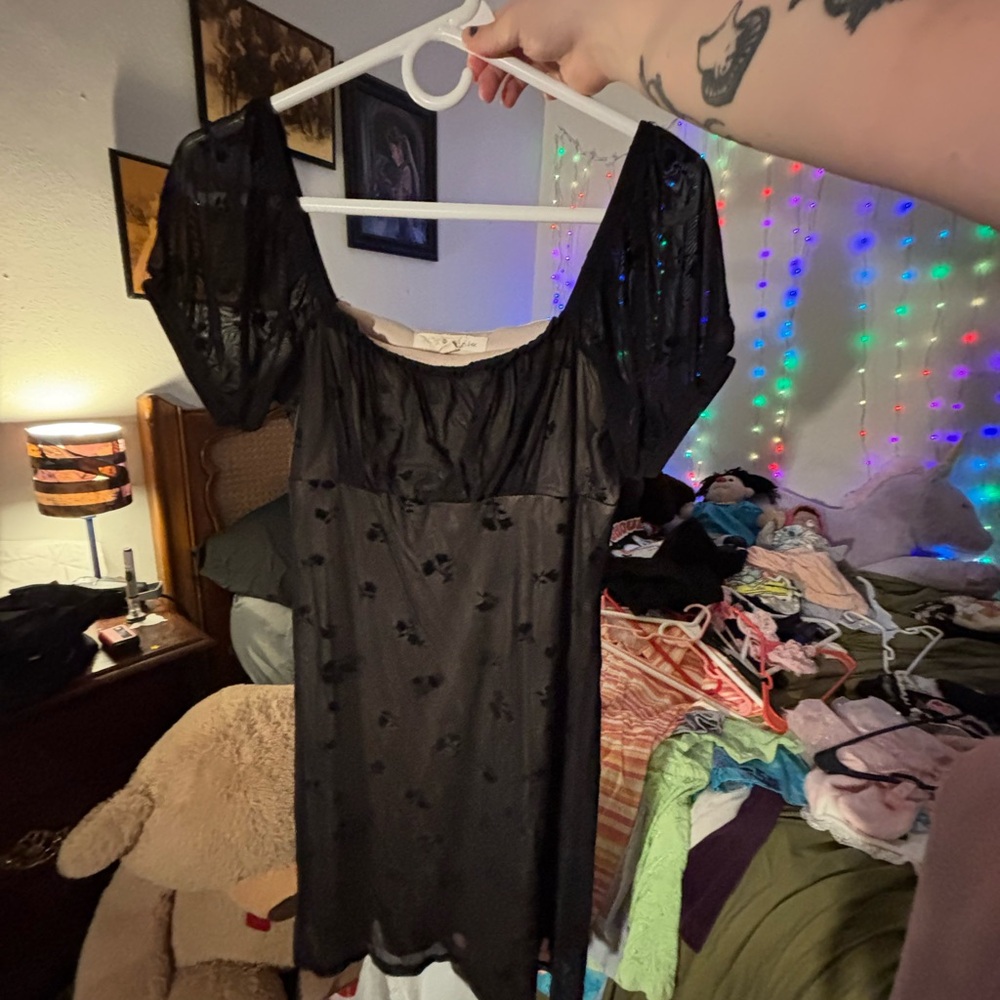 Rewind Black Sheer Dress with Puff Sleeves